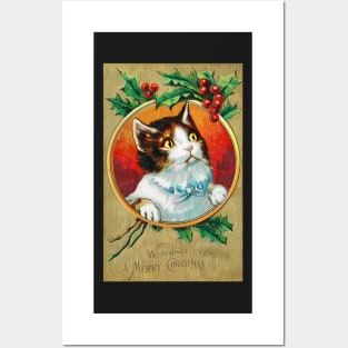 Vintage Christmas Cat- Wishing you a Merry Christmas funny Posters and Art